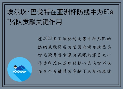 埃尔坎·巴戈特在亚洲杯防线中为印尼队贡献关键作用